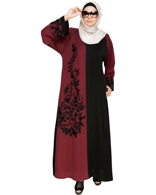 Wanderlust Wine & Black Embroidery Dubai Style Abaya