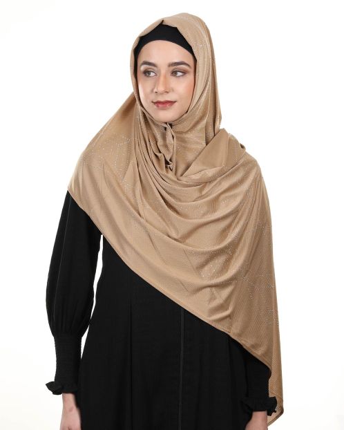 Sparkling Swarovski Work Camel Hijab with in Ribbed Jersey Fabric