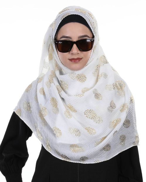 Pleated White hijab with golden foil print