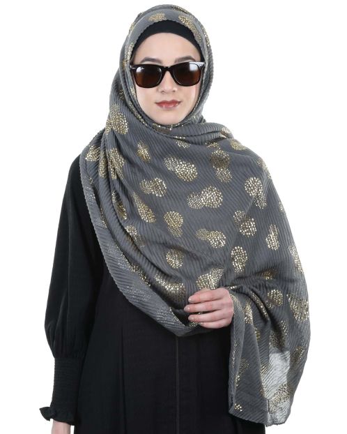 Pleated Grey hijab with golden foil print