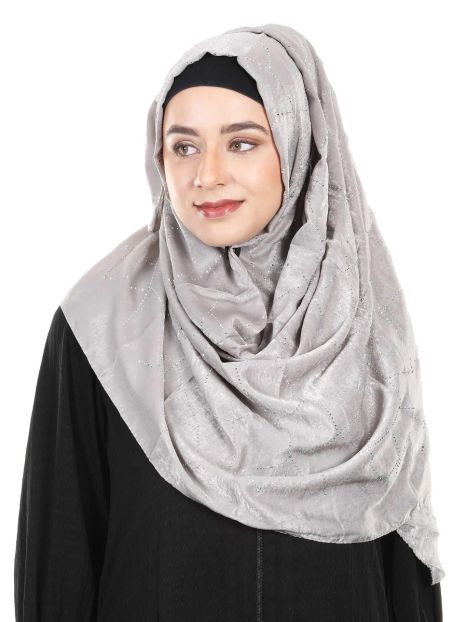 Gleaming marble finished Grey Satin Hijab with swaroski work