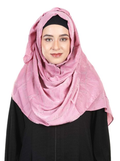 Gleaming marble finished Pink Satin Hijab with swaroski work