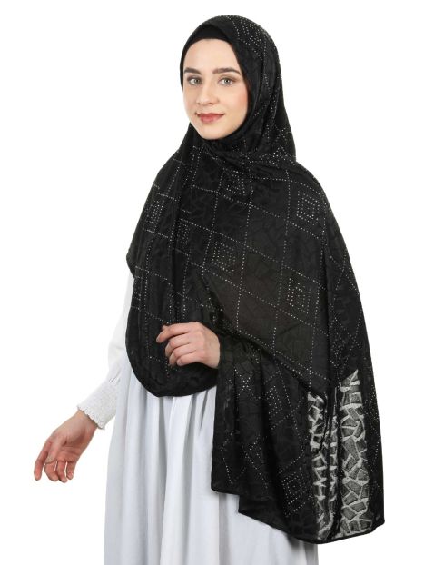 Gleaming marble finished Black Satin Hijab with swaroski work